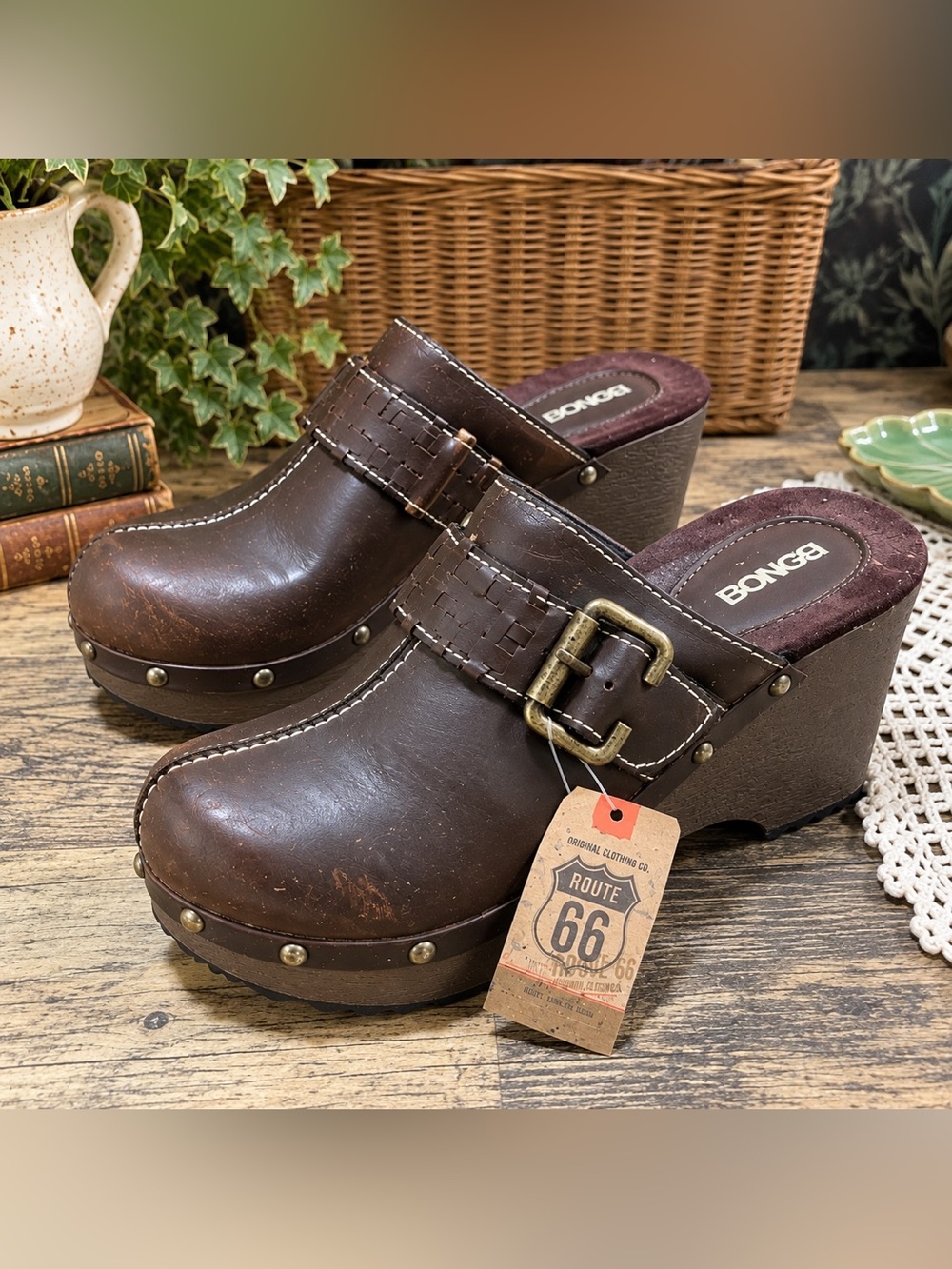 Bongo Y2K Brown Platform Clogs Studded Buckle 7.5